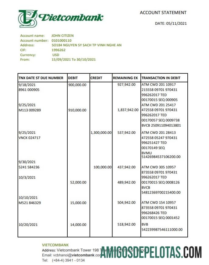 Vietnam Vietcombank Excel Pdf amostra